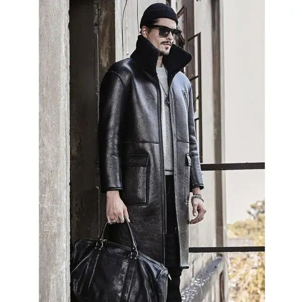 Men’s Black Double-Sided Shearling Leather Coat – Reversible & Stylish