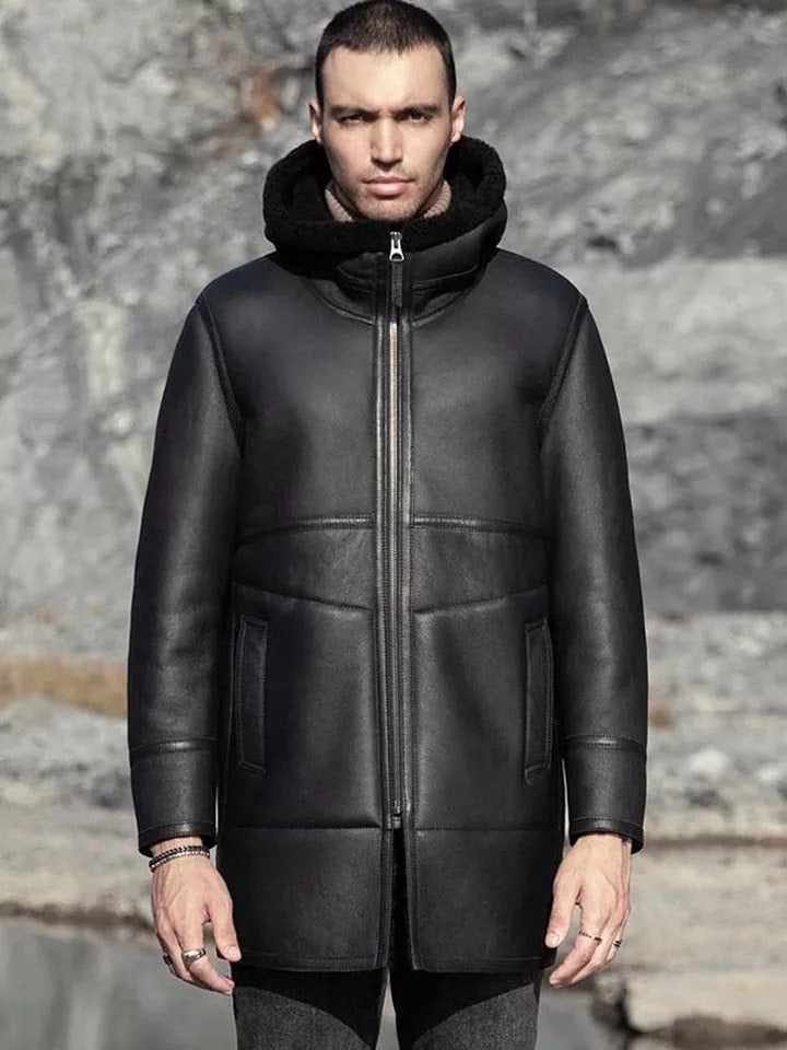 Men’s Black Shearling Leather Coat – Double-Sided with Hood