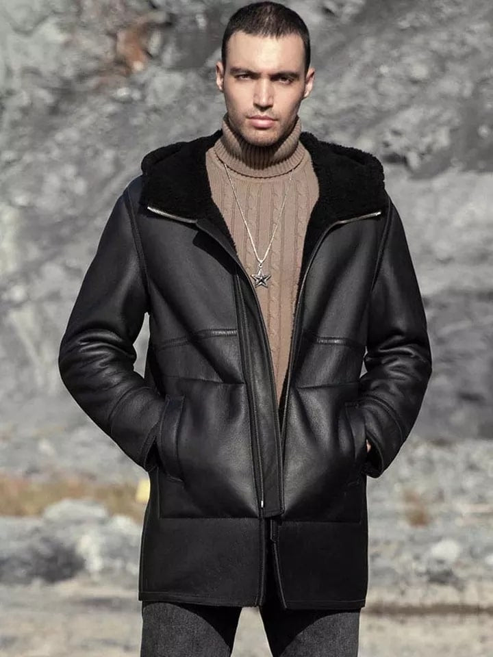 Men’s Black Shearling Leather Coat – Double-Sided with Hood
