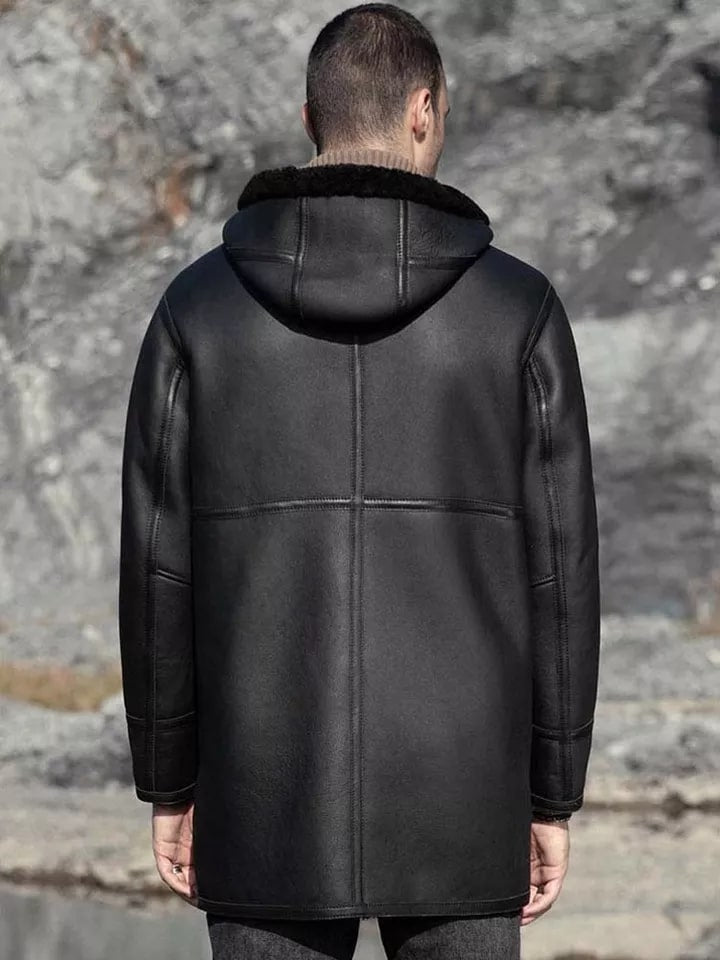 Men’s Black Shearling Leather Coat – Double-Sided with Hood