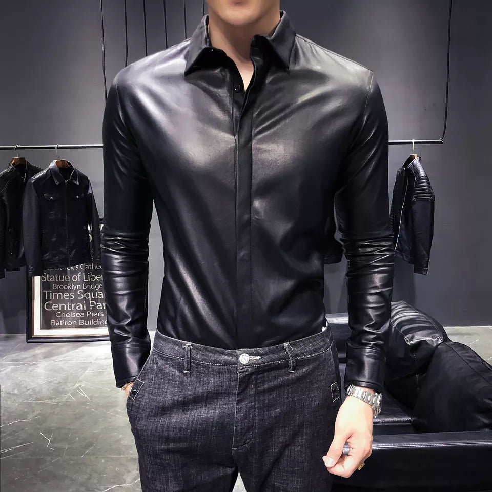 Men's Black Leather Full Sleeve Shirt
