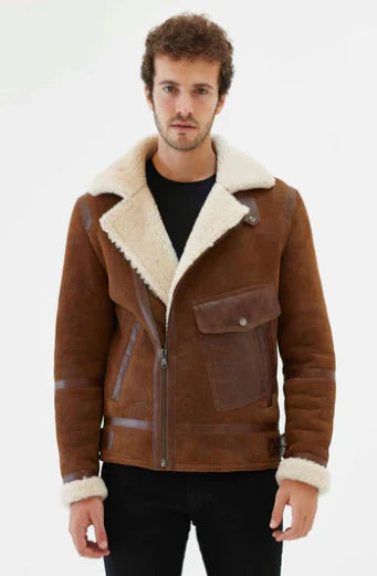 Men’s Fur Shearling Biker Leather Jacket in Brown