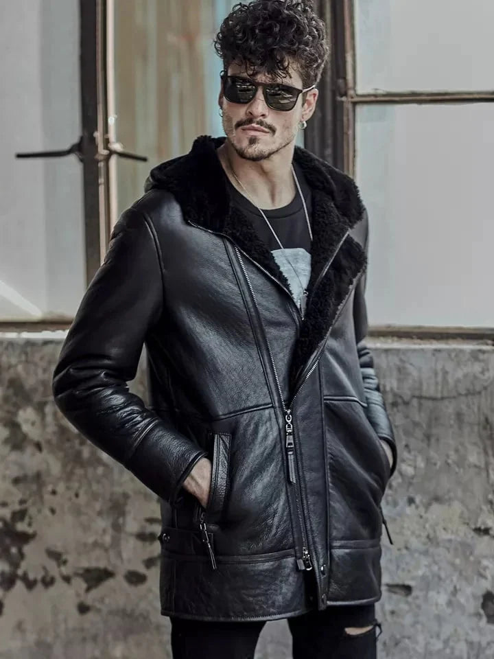 Men's Fur Shearling Leather Coat in Black with Hood