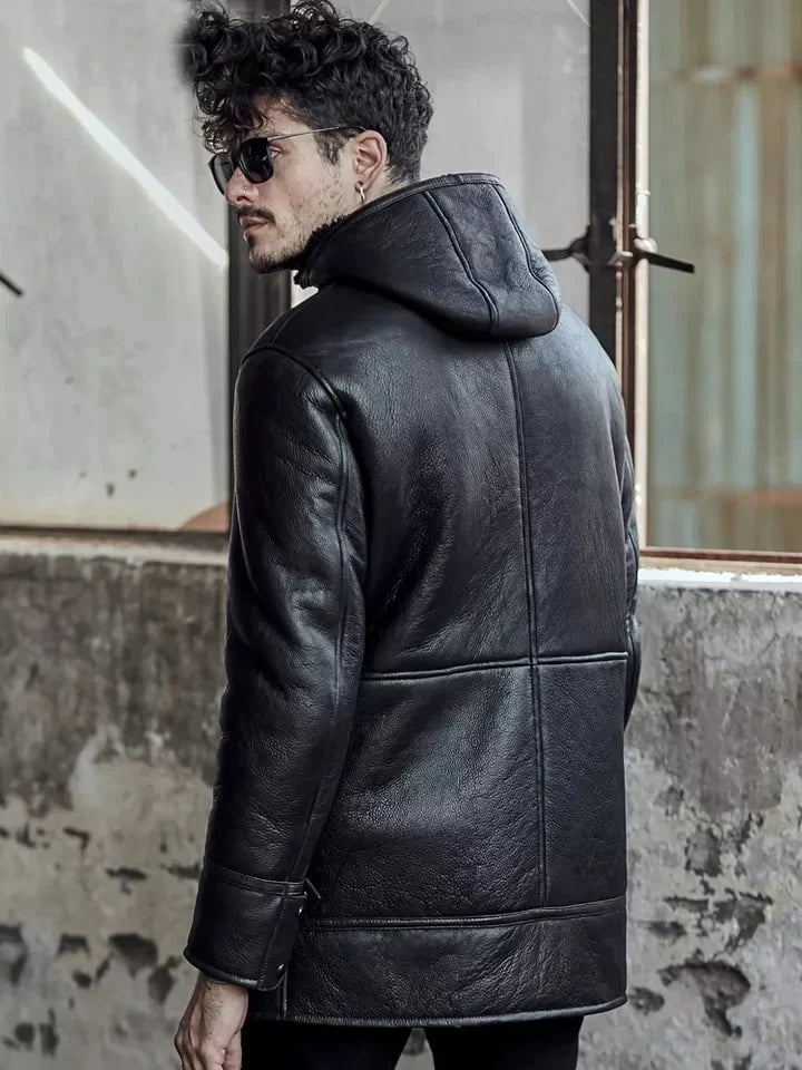 Men's Fur Shearling Leather Coat in Black with Hood