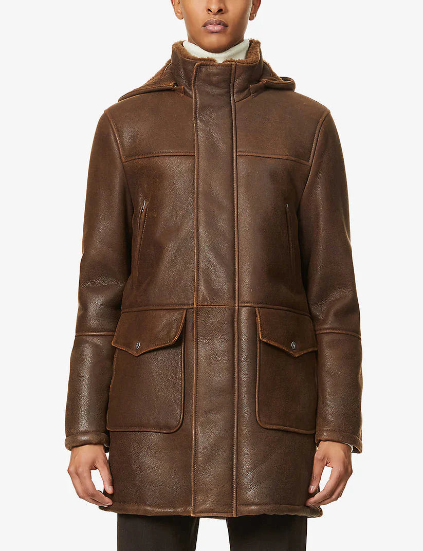 Men’s Fur Sheepskin Leather Coat in Dark Brown with Removable Hood