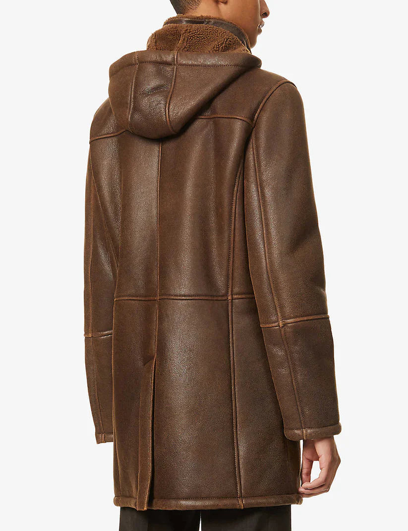 Men’s Fur Sheepskin Leather Coat in Dark Brown with Removable Hood