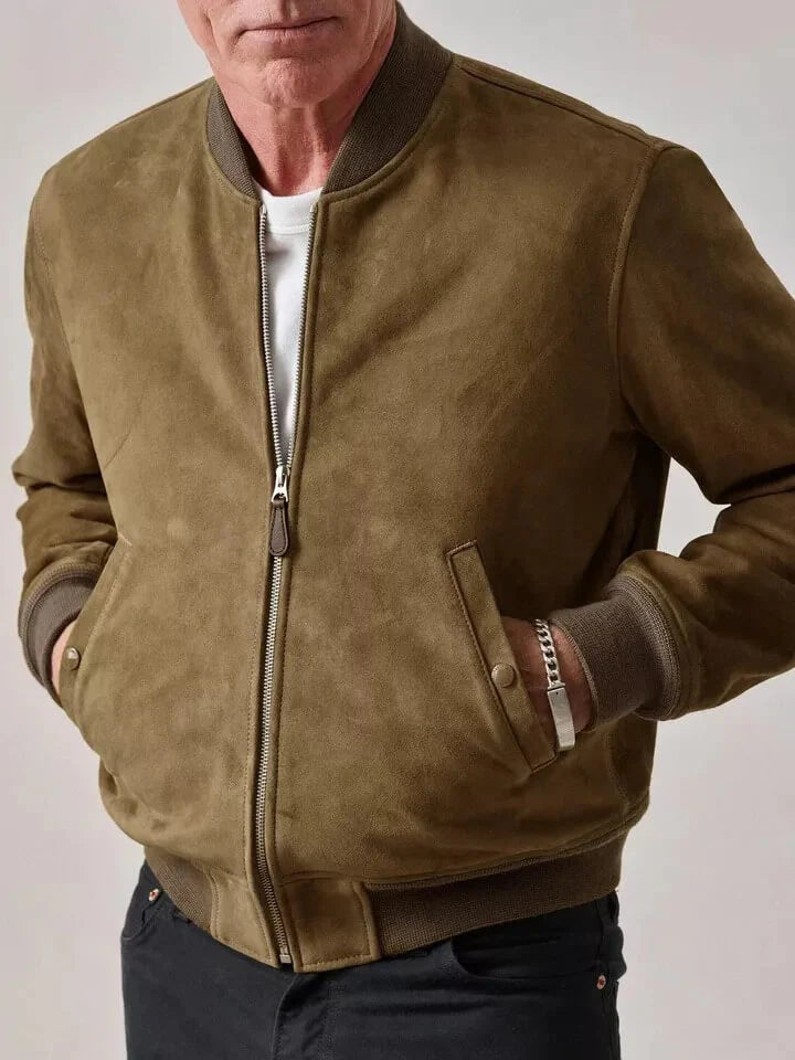 Urban Tan Suede Bomber Jacket – Slim Fit Genuine Leather Biker Jacket for Men