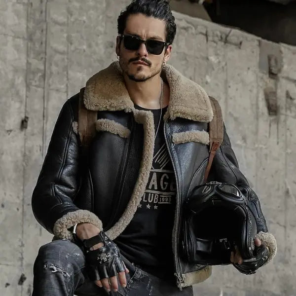 Men’s Gray Shearling B3 Leather Jacket in Black