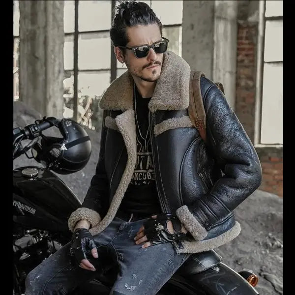 Men’s Gray Shearling B3 Leather Jacket in Black