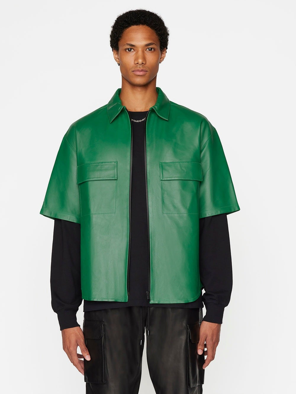 Dark Green Half Sleeve Leather Shirt