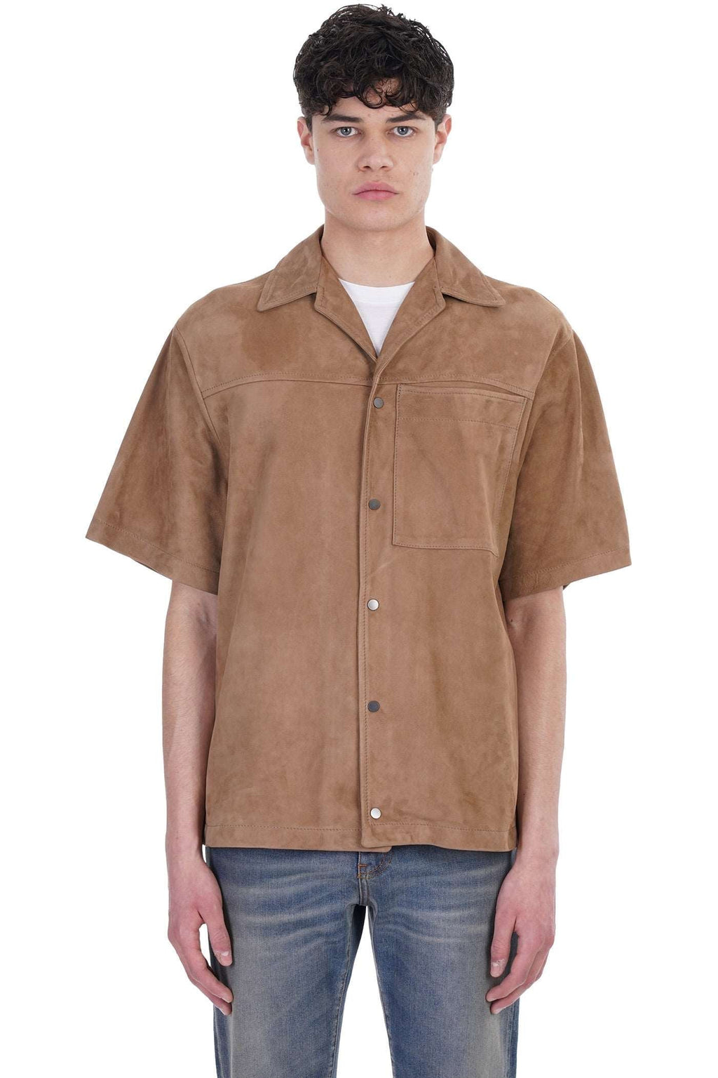 Men’s Tan Brown Suede Leather Half Sleeve Shirt