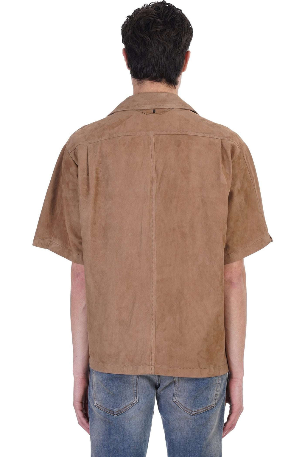 Men’s Tan Brown Suede Leather Half Sleeve Shirt