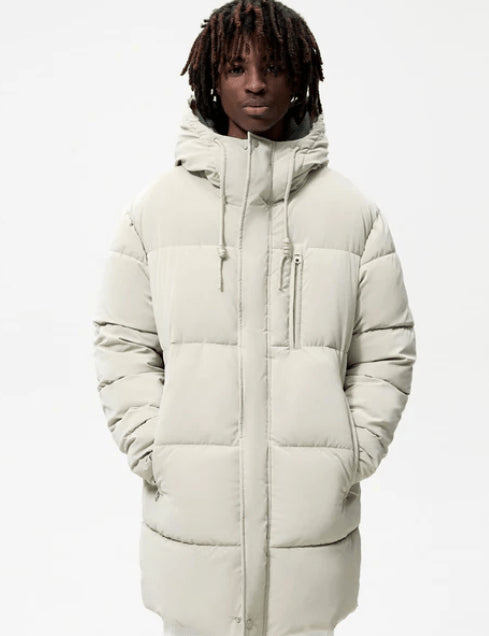 Men’s Off White Hooded Puffer Coat – Lightweight Long Winter Jacket
