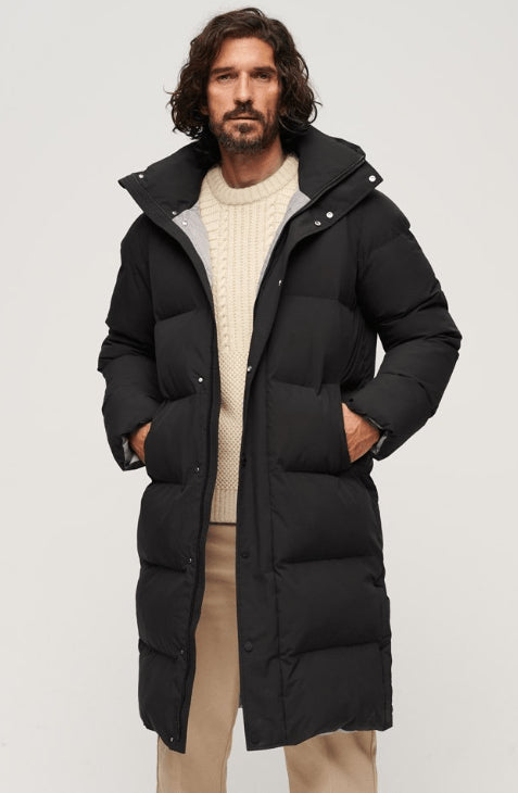 Men’s Black Hooded Puffer Trench Coat – Warm, Stylish & Versatile