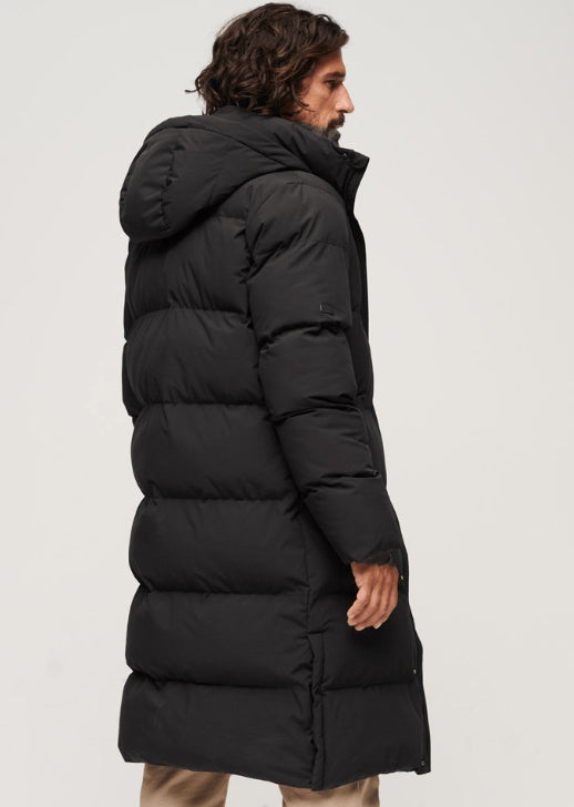 Men’s Black Hooded Puffer Trench Coat – Long Winter Jacket