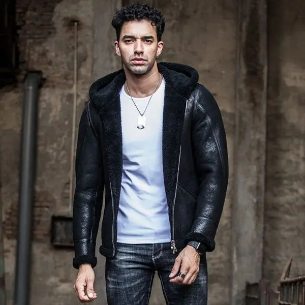 Men's Hooded Shearling Leather Jacket in Black