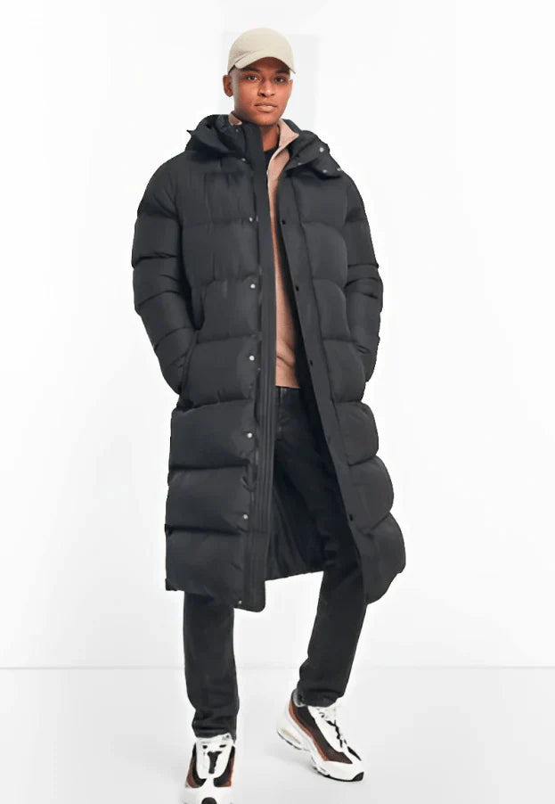 Men's Hooded Trench Puffer Coat in Black
