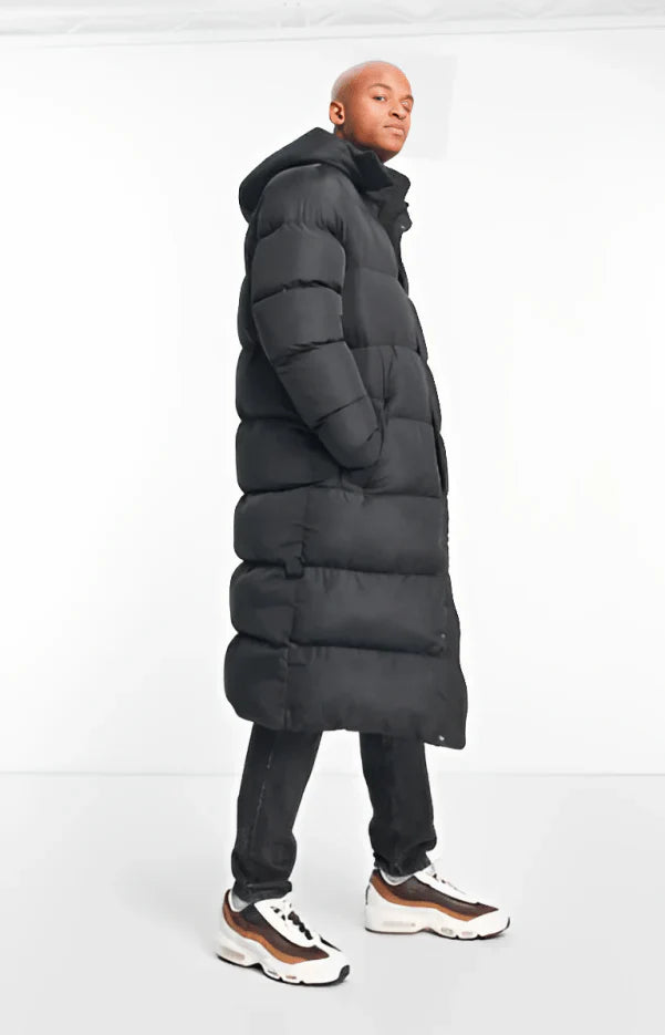Men's Hooded Trench Puffer Coat in Black