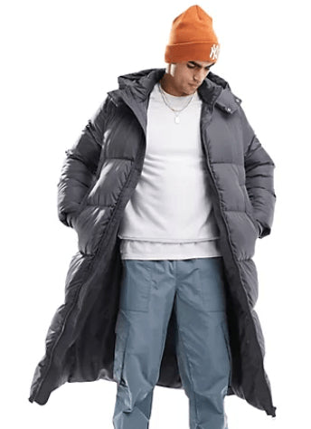 Men’s Gray Hooded Puffer Trench Coat – Long Insulated Winter Jacket