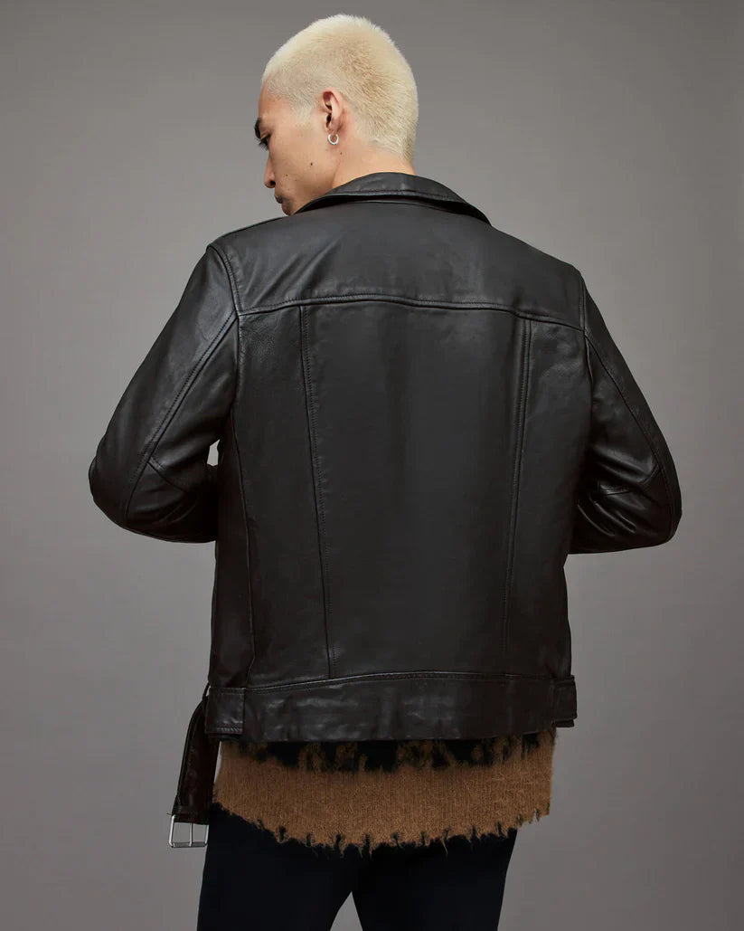 Men's Black Leather Biker Jackets with Belt