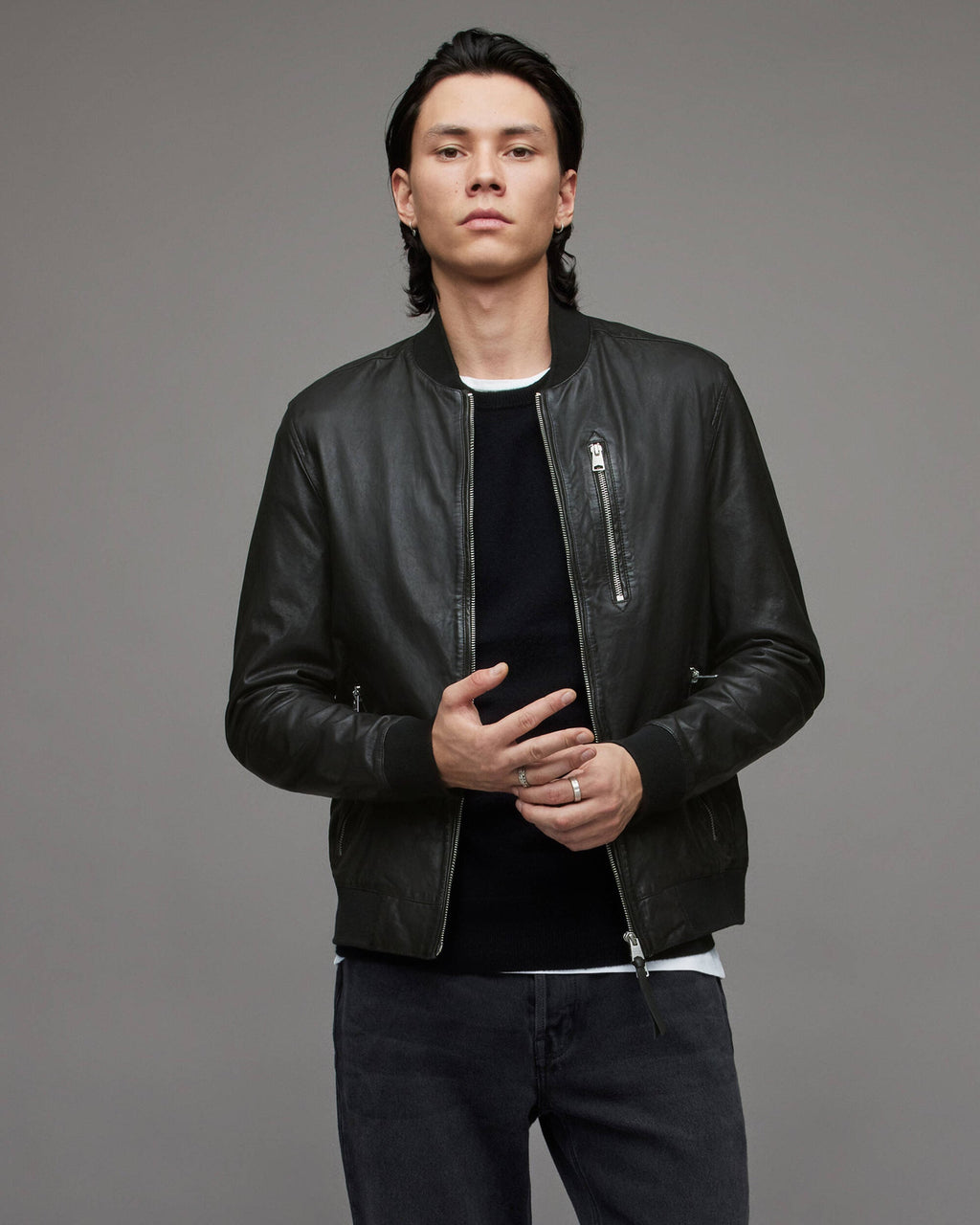 Men’s Black Leather Bomber Jacket