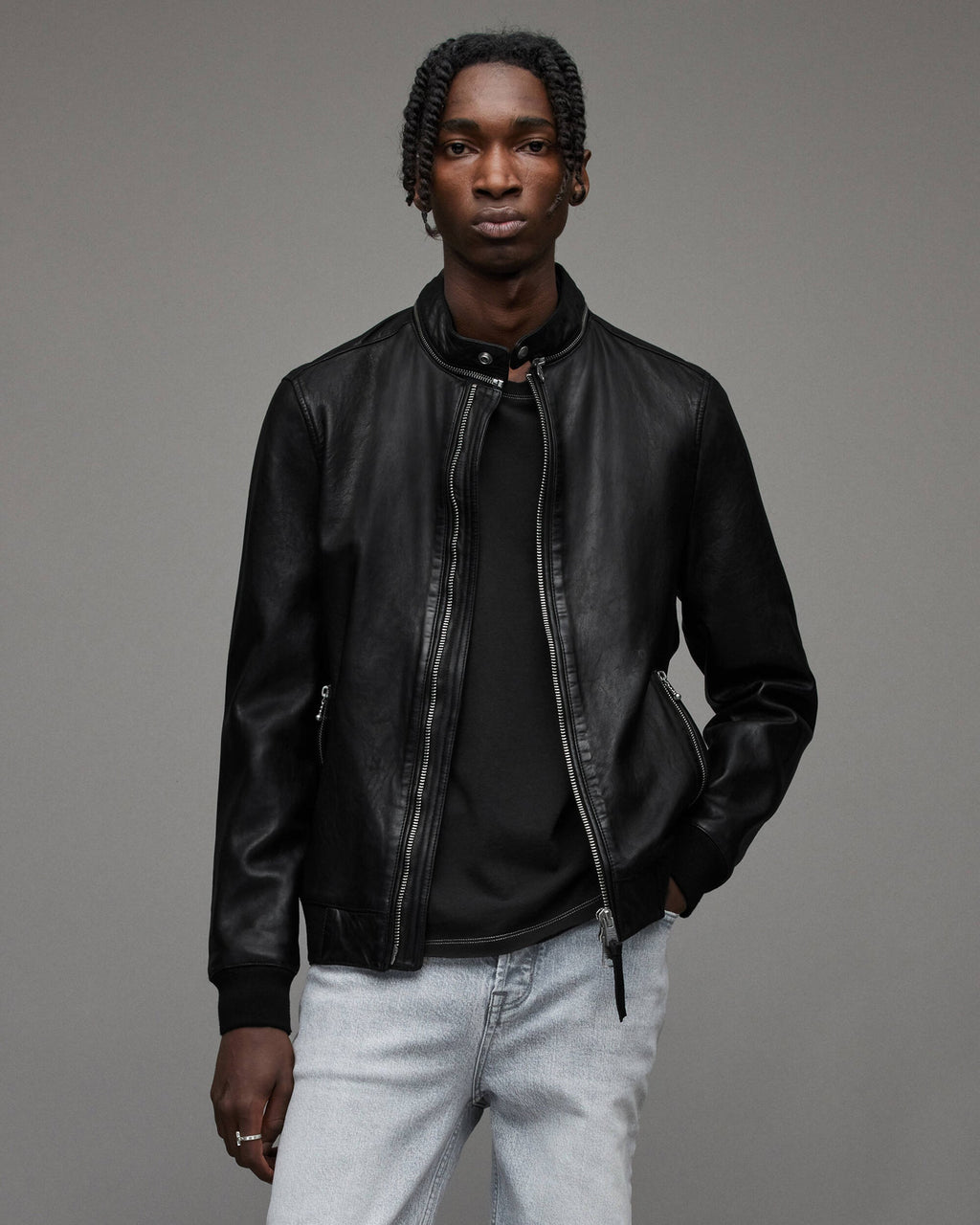 Men’s Black Leather Bomber Jacket with Dual Collar