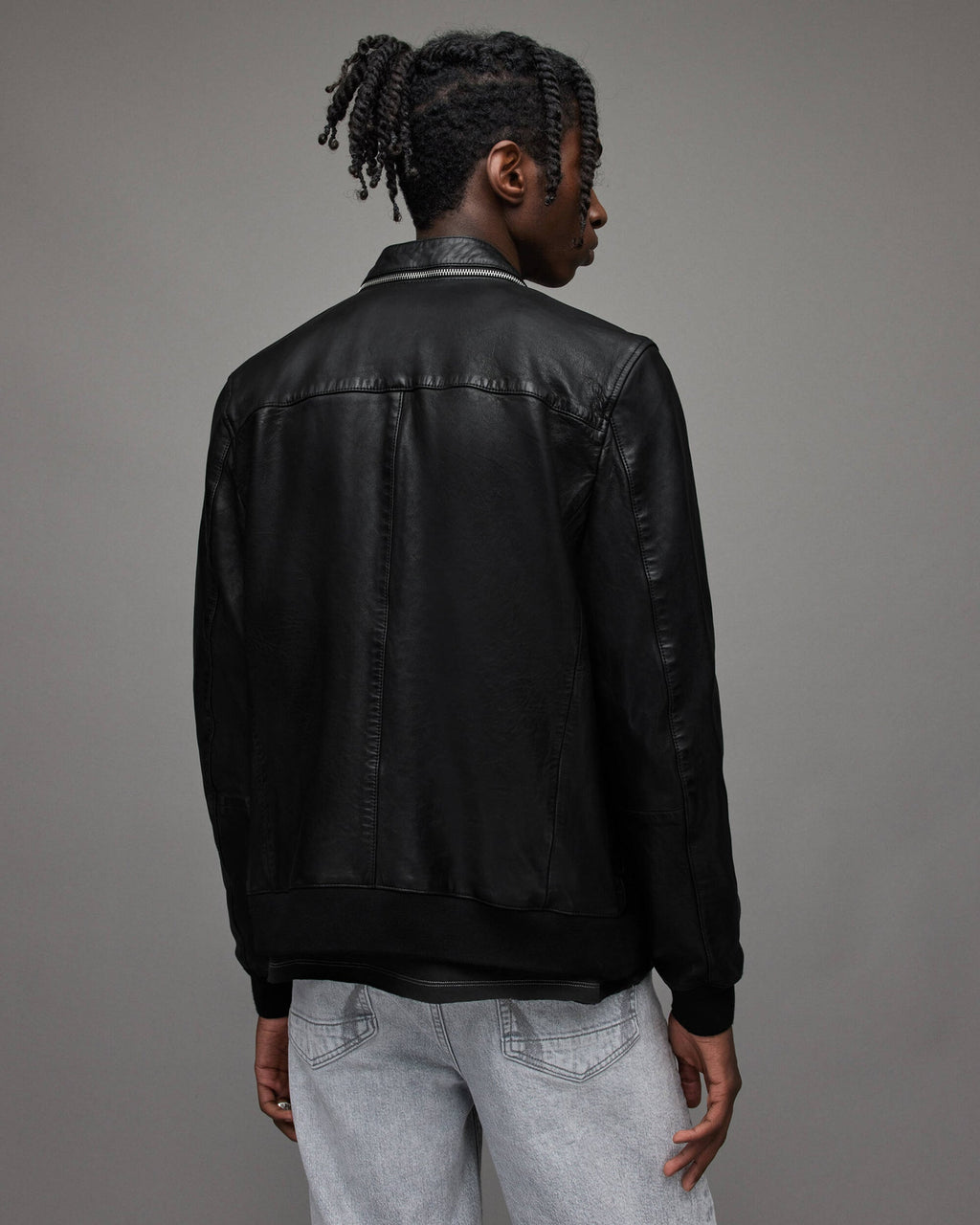 Men’s Black Leather Bomber Jacket with Dual Collar