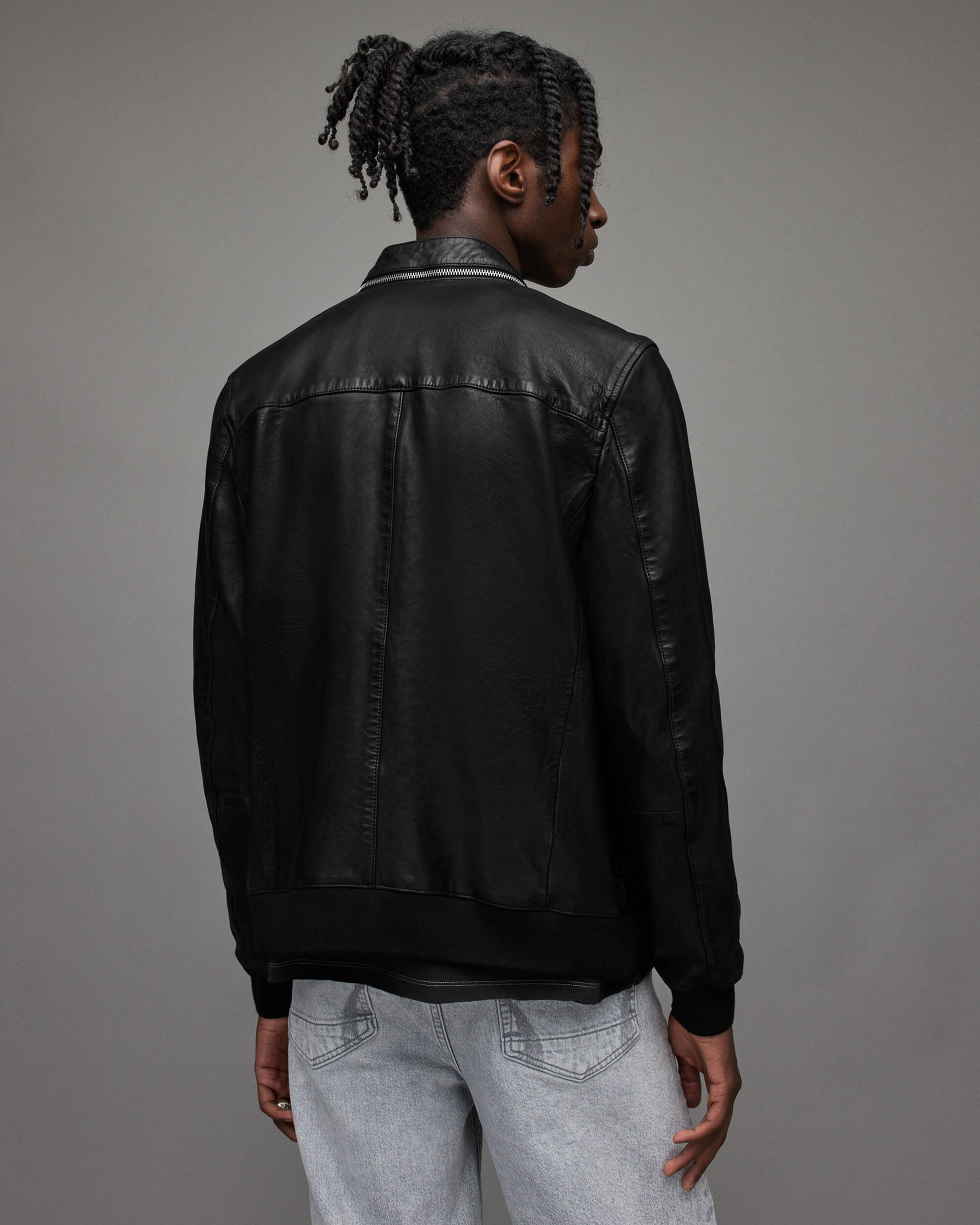 Men’s Black Leather Bomber Jacket with Dual Collar