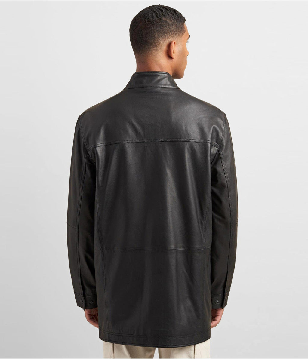 Men’s Black Leather Coat with Patch Pockets