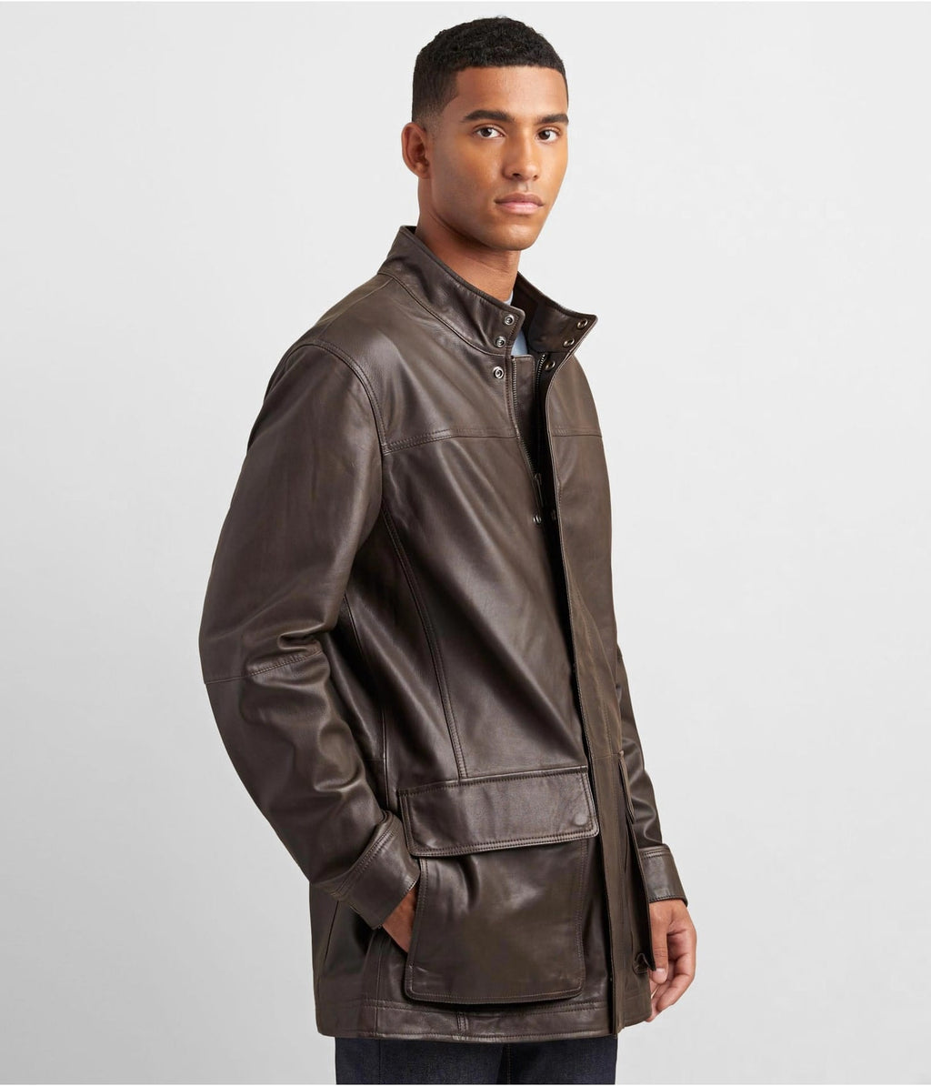 Men’s Dark Brown Leather Coat with Patch Pockets
