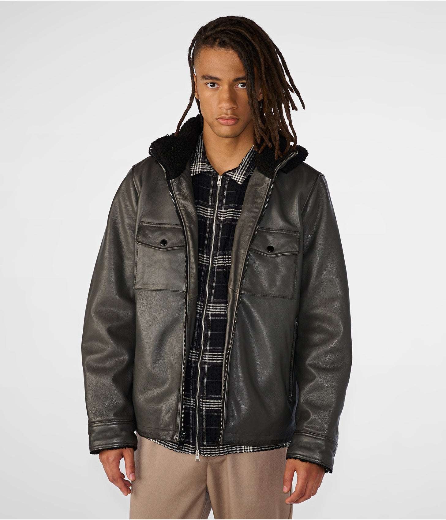 Men’s Gray Shearling Leather Harrington Jacket
