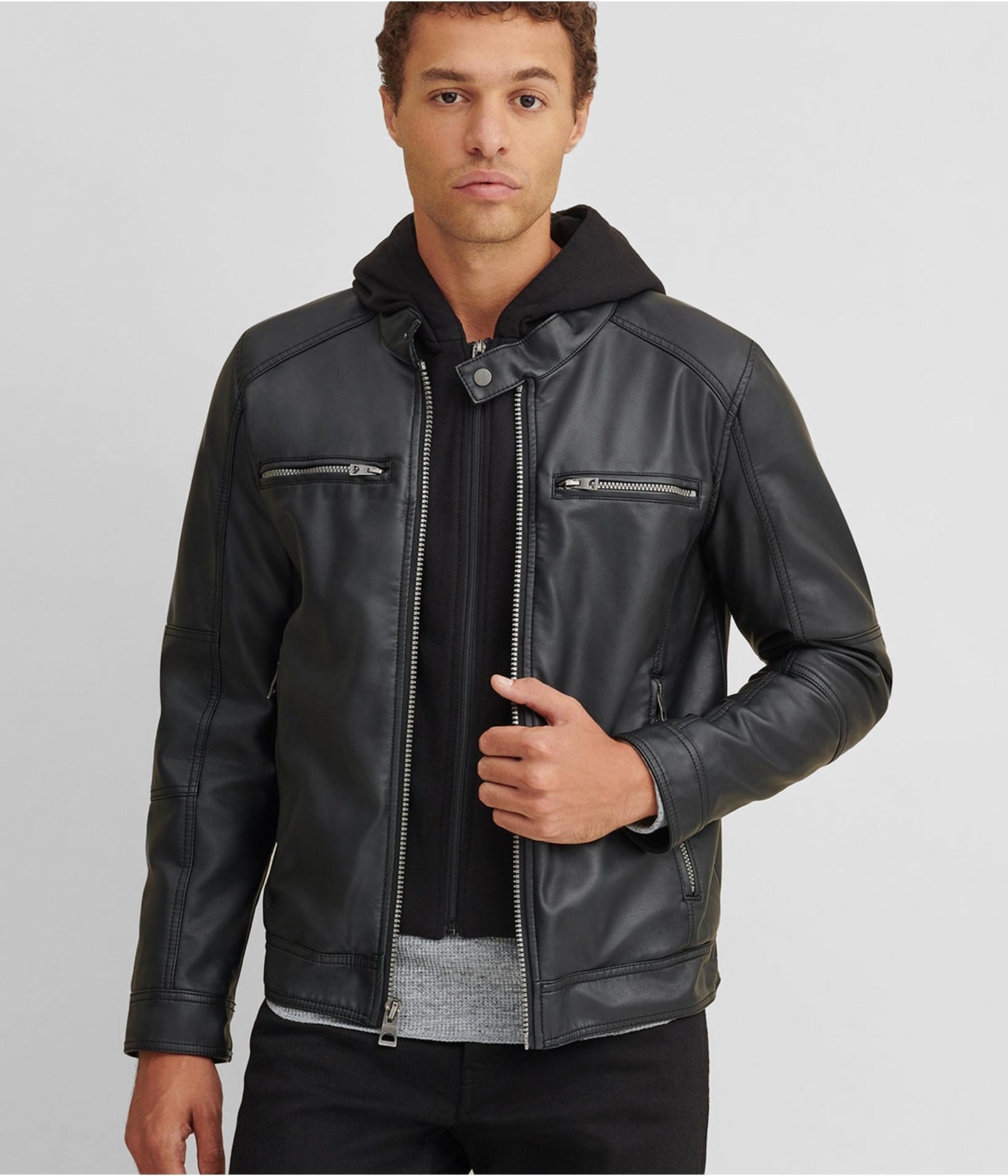 Men's Black Leather Jacket with Removable Hood