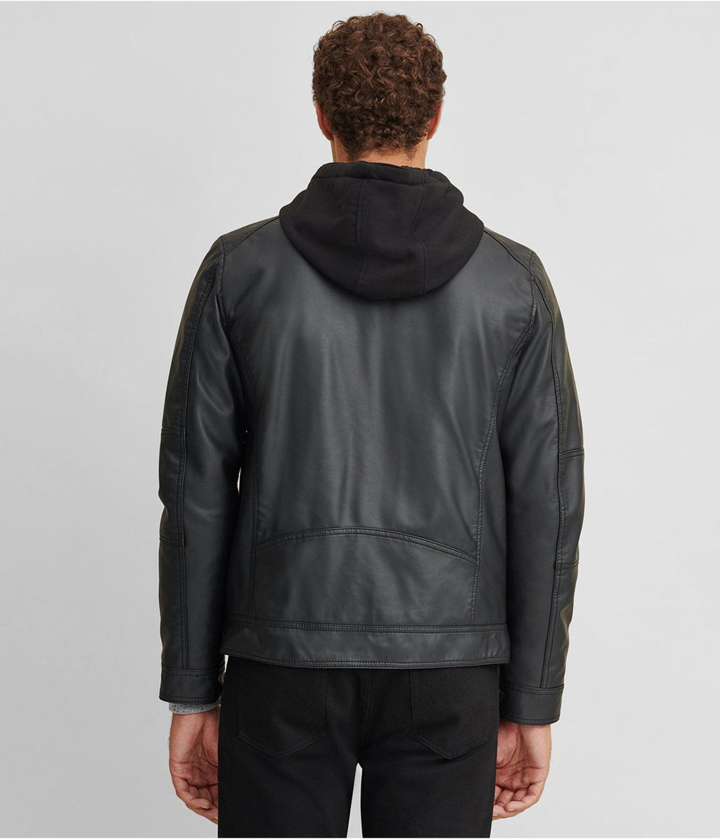 Men's Black Leather Jacket with Removable Hood