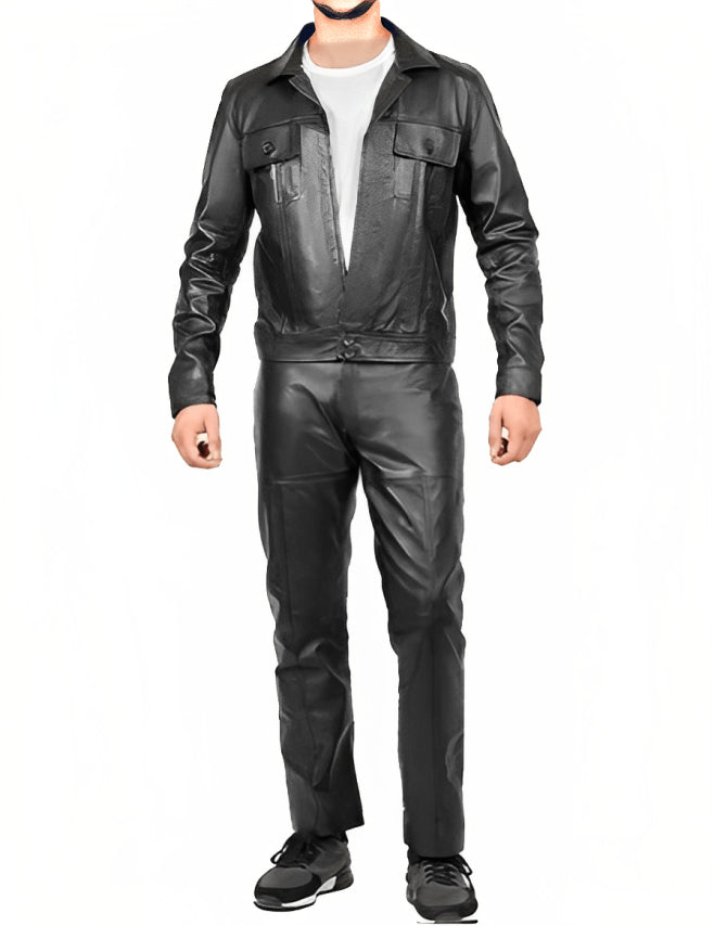 Men’s Black Leather Jumpsuit with Patch Pockets