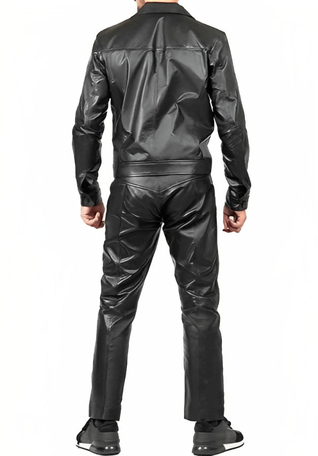 Men’s Black Leather Jumpsuit with Patch Pockets