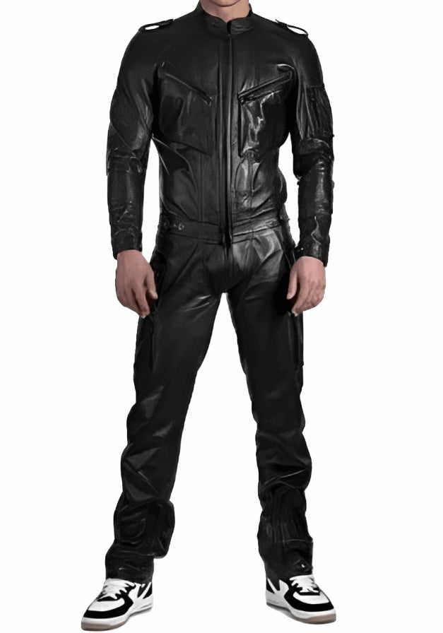 Men's Black Leather Jumpsuit with Adjustable Straps