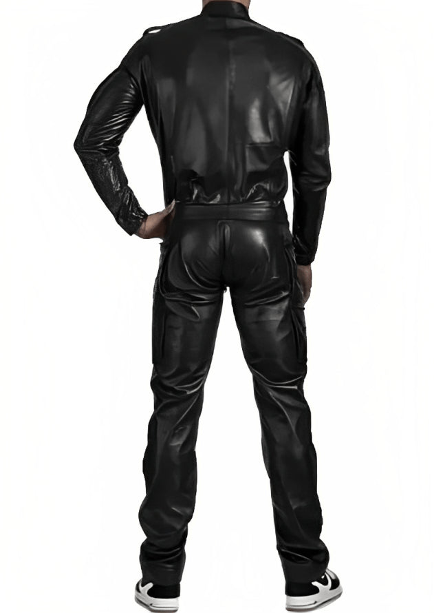 Men's Black Leather Jumpsuit with Adjustable Straps