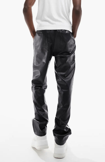 Men's Black Leather Pants with White Strap
