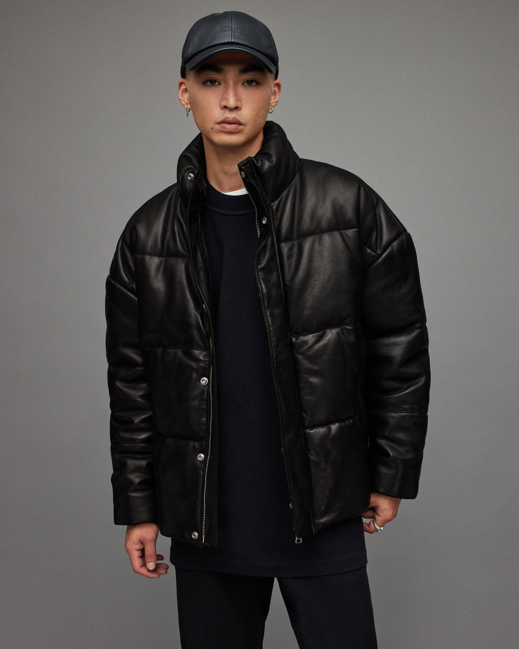 Men’s Black Leather Puffer Jacket with Turtle Neck
