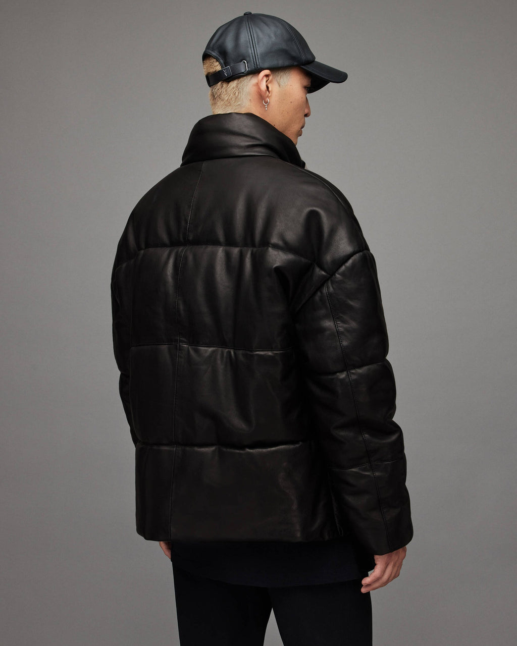 Men’s Black Leather Puffer Jacket with Turtle Neck