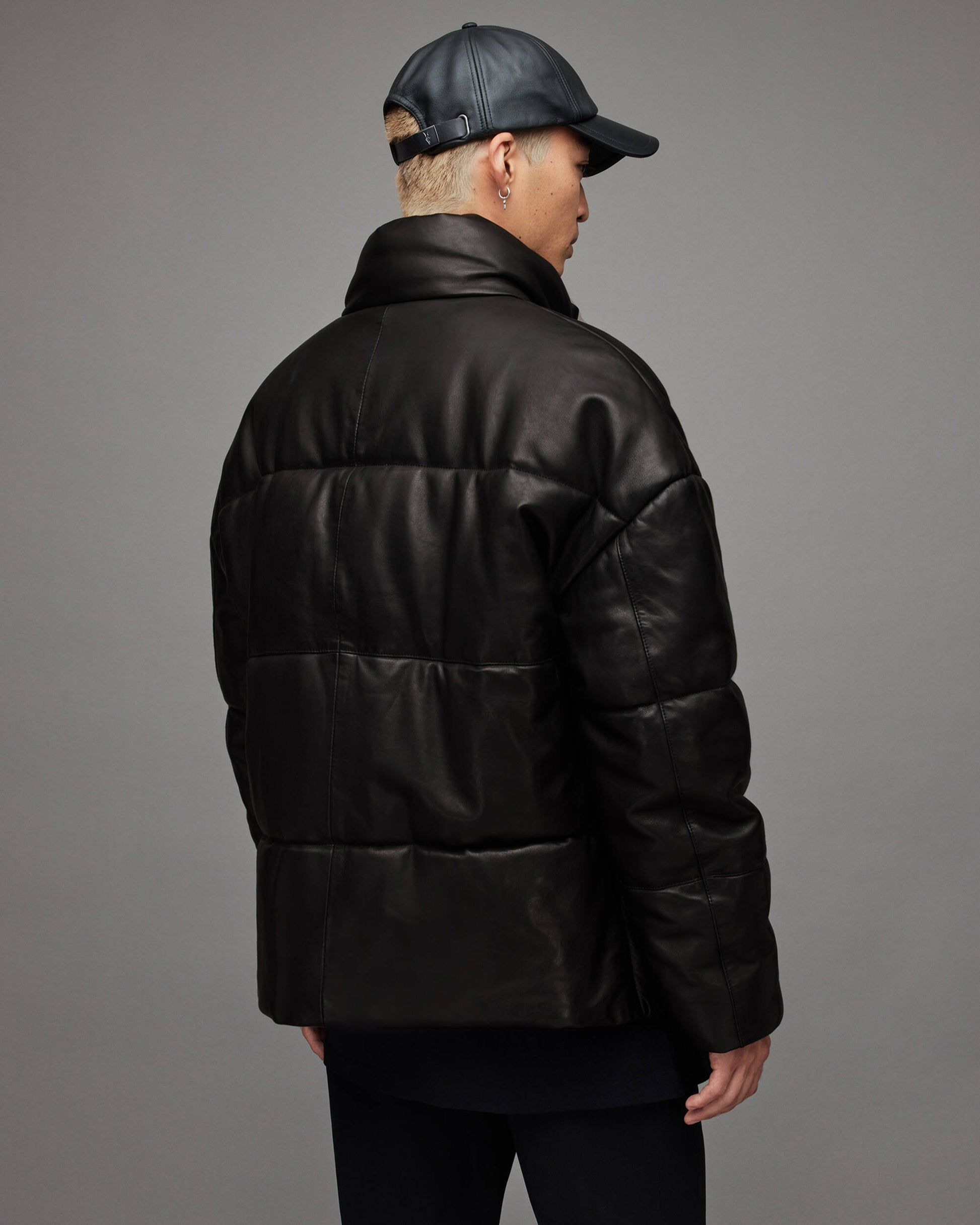 Men’s Black Leather Puffer Jacket with Turtle Neck