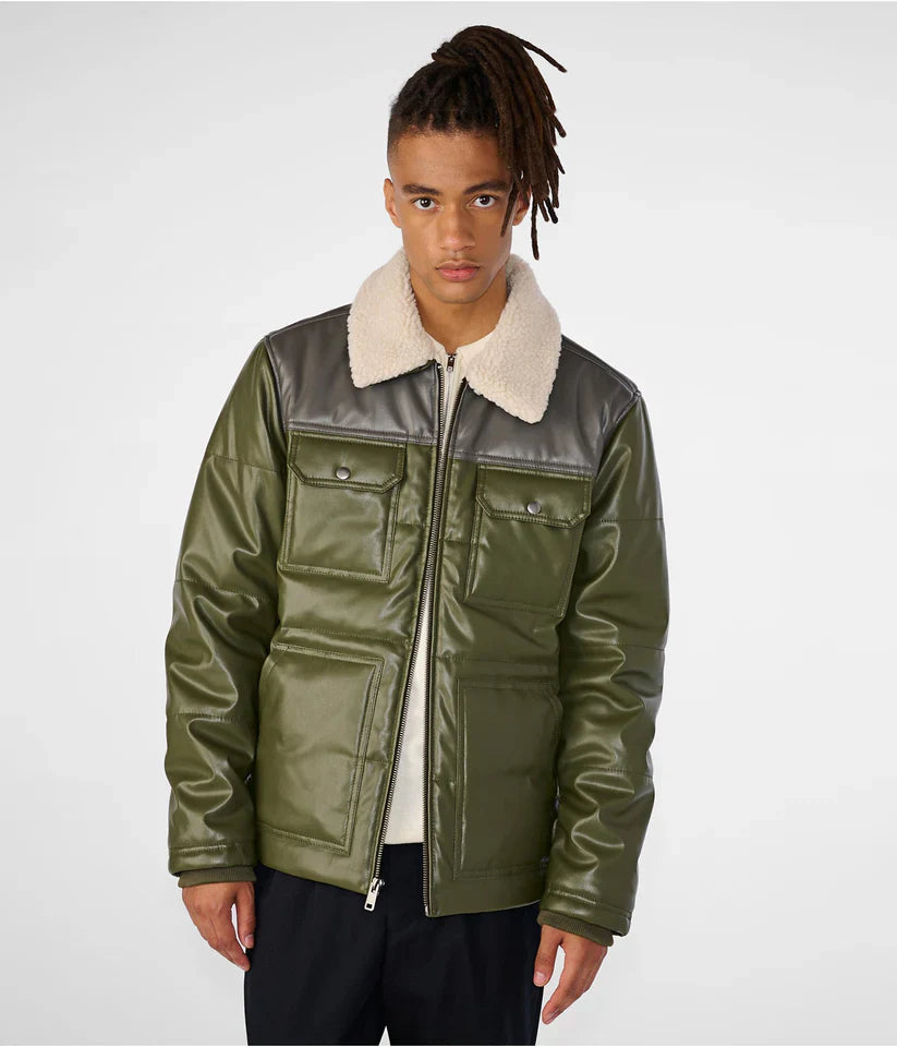 Men’s Leather Puffer Jacket With Removable Shearling Collar