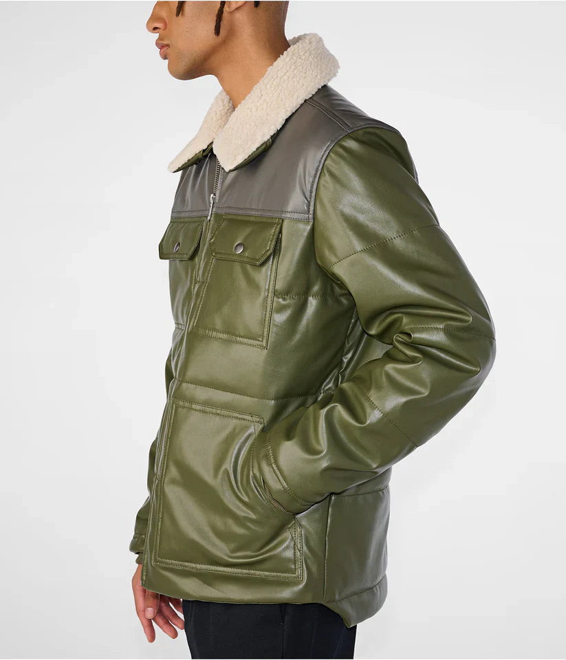 Men’s Leather Puffer Jacket With Removable Shearling Collar