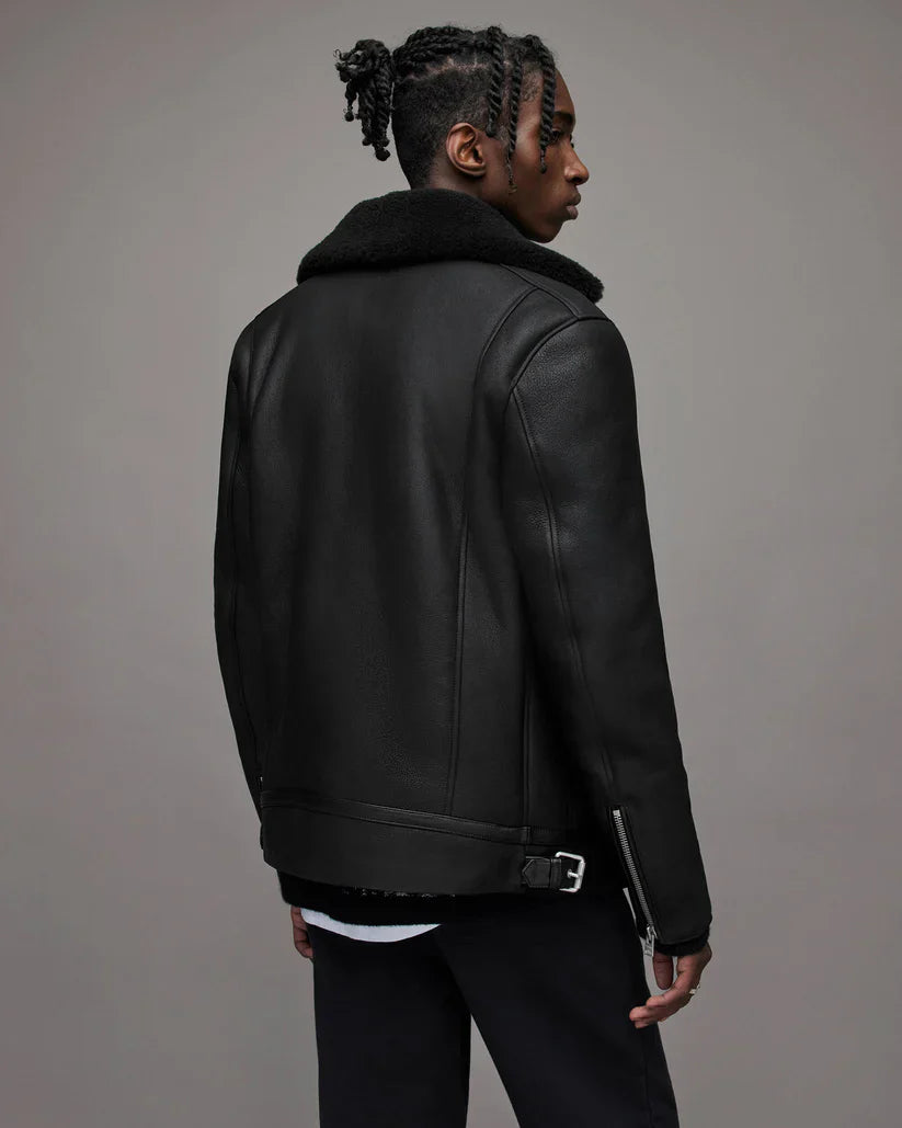 Men's Leather Shearling Biker Jacket in Black