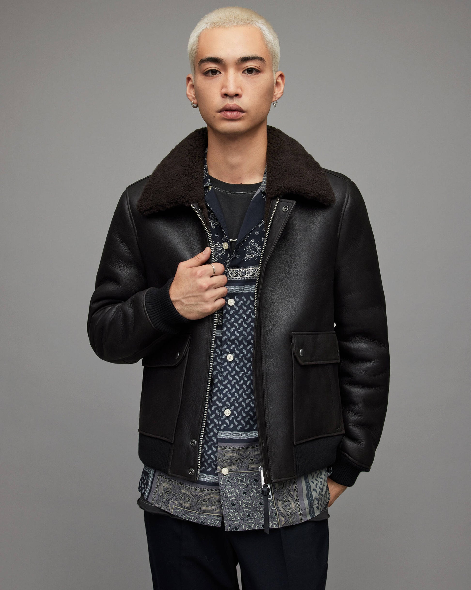 Men’s Black Shearling Leather Bomber Jacket
