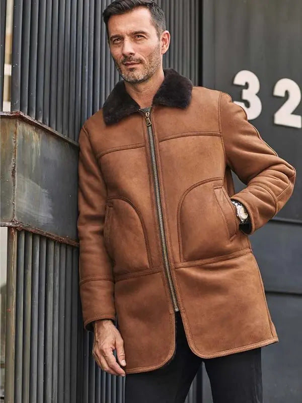 Men’s Brown Leather Shearling Coat – Winter Warmth & Style