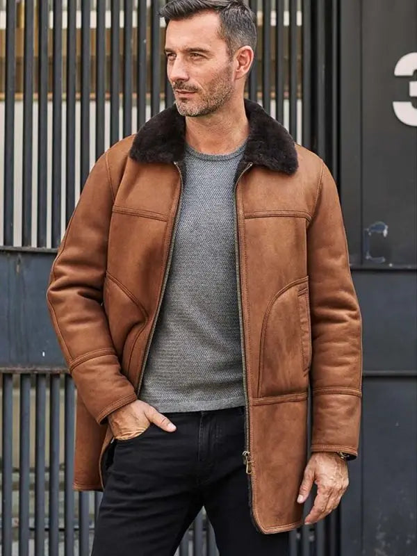Men’s Brown Leather Shearling Coat – Winter Warmth & Style