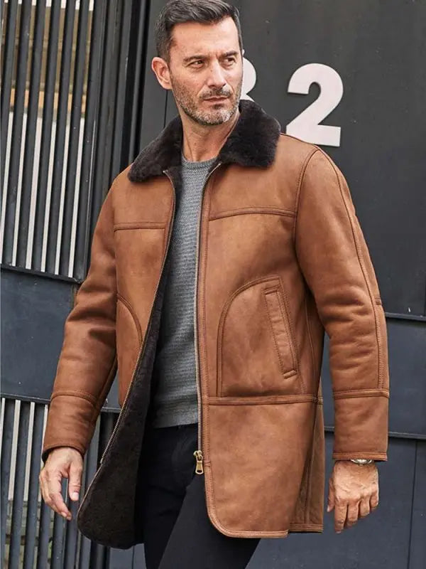 Men’s Brown Leather Shearling Coat – Winter Warmth & Style
