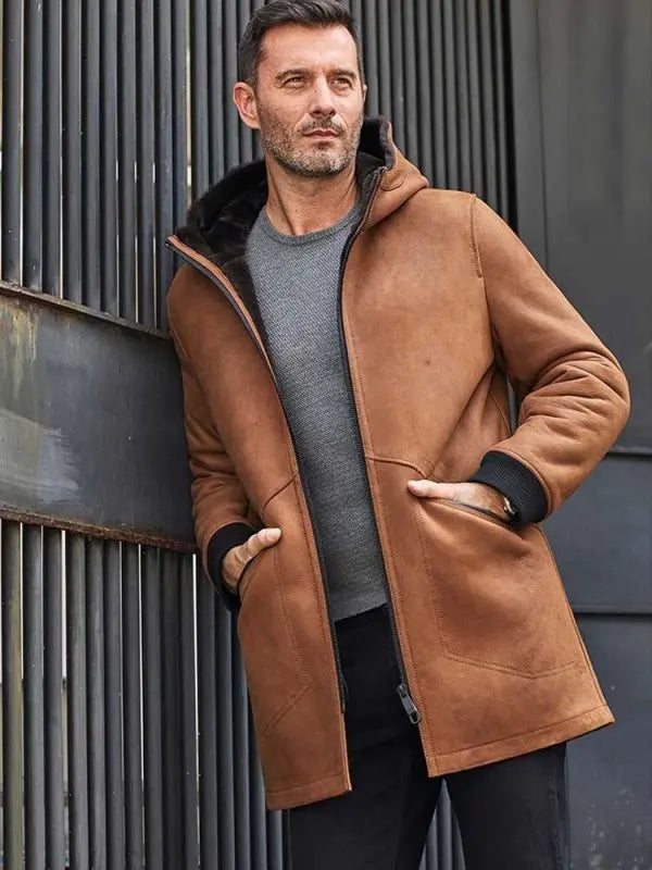 Men’s Brown Leather Shearling Coat with Hood – Warm & Stylish