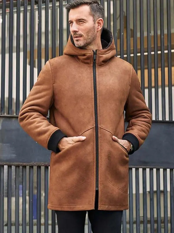 Men’s Brown Leather Shearling Coat with Hood – Warm & Stylish